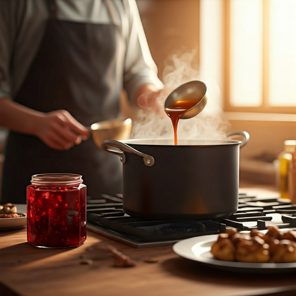 Chef stirs soup in a sunlit home kitchen while jelly and gravy showcase different textures.