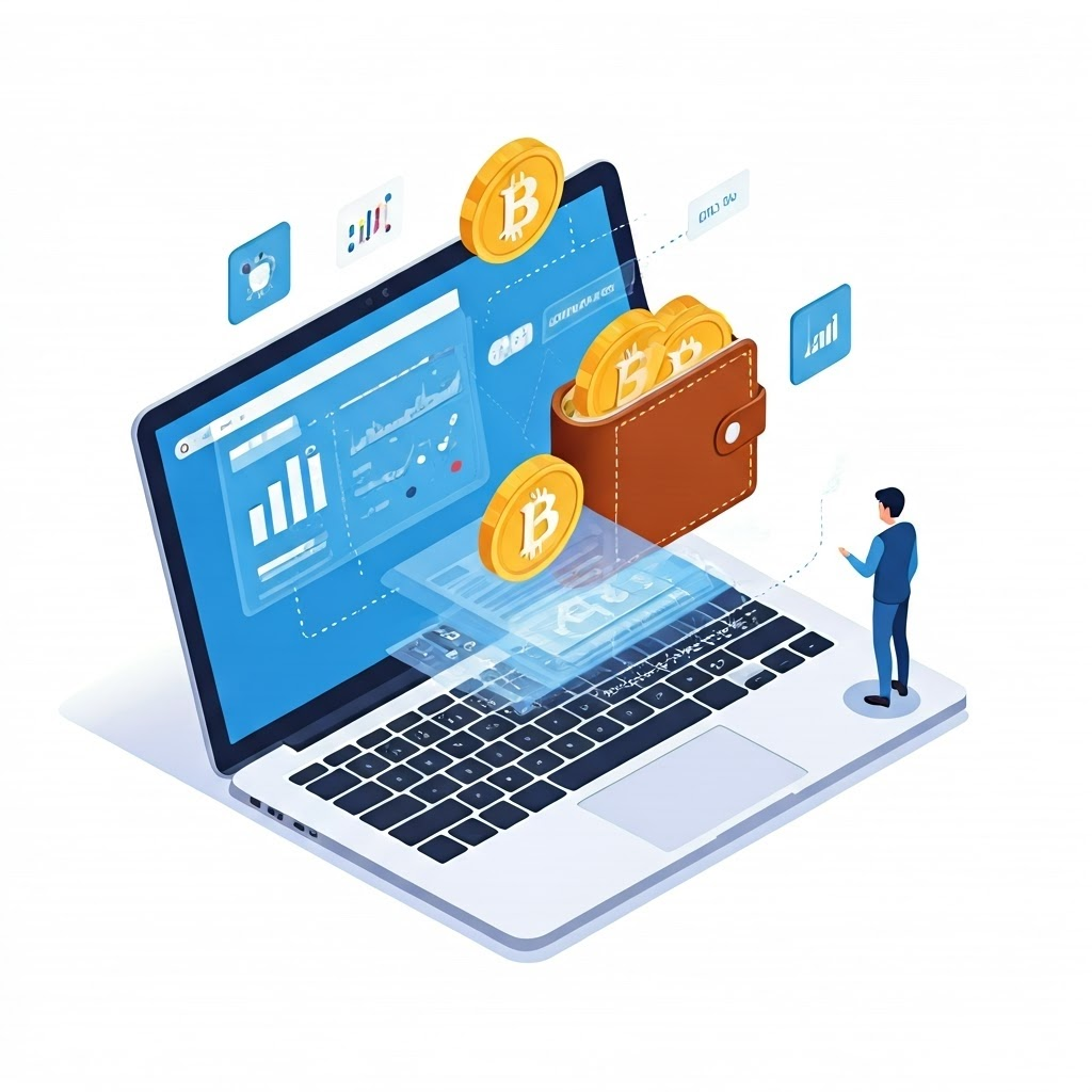 An isometric laptop screen displays a decentralized exchange with icons for order books and automated market makers.