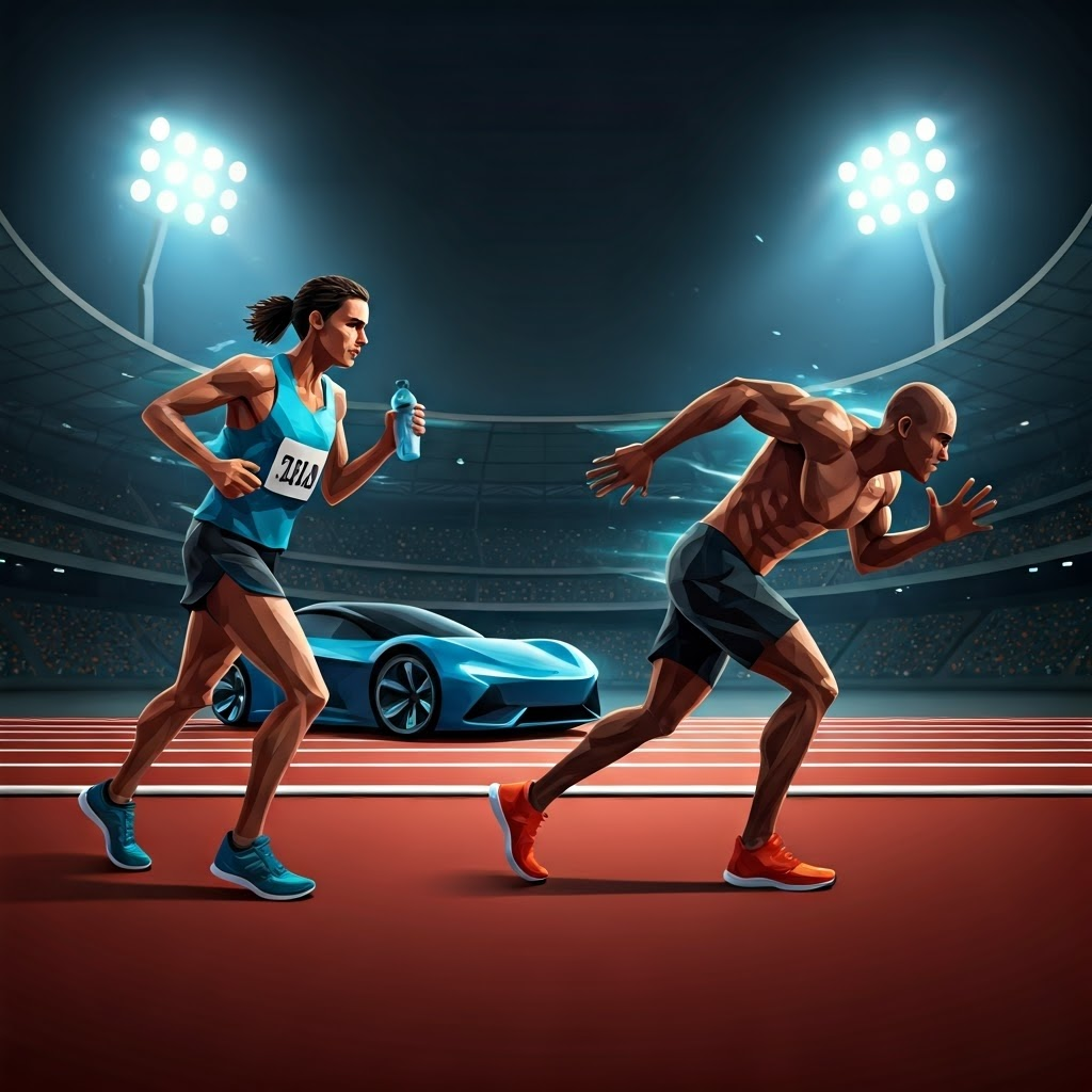 Marathon runner and sprinter stand side by side on a track, futuristic electric car cruises in the background