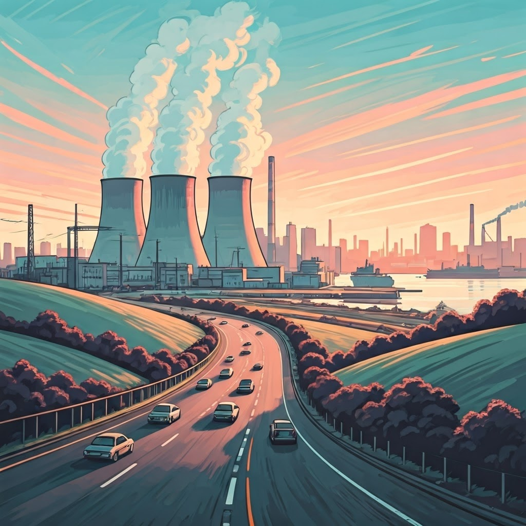 Pastel cityscape with power plants, highways, ships, and factories under a soft dawn sky