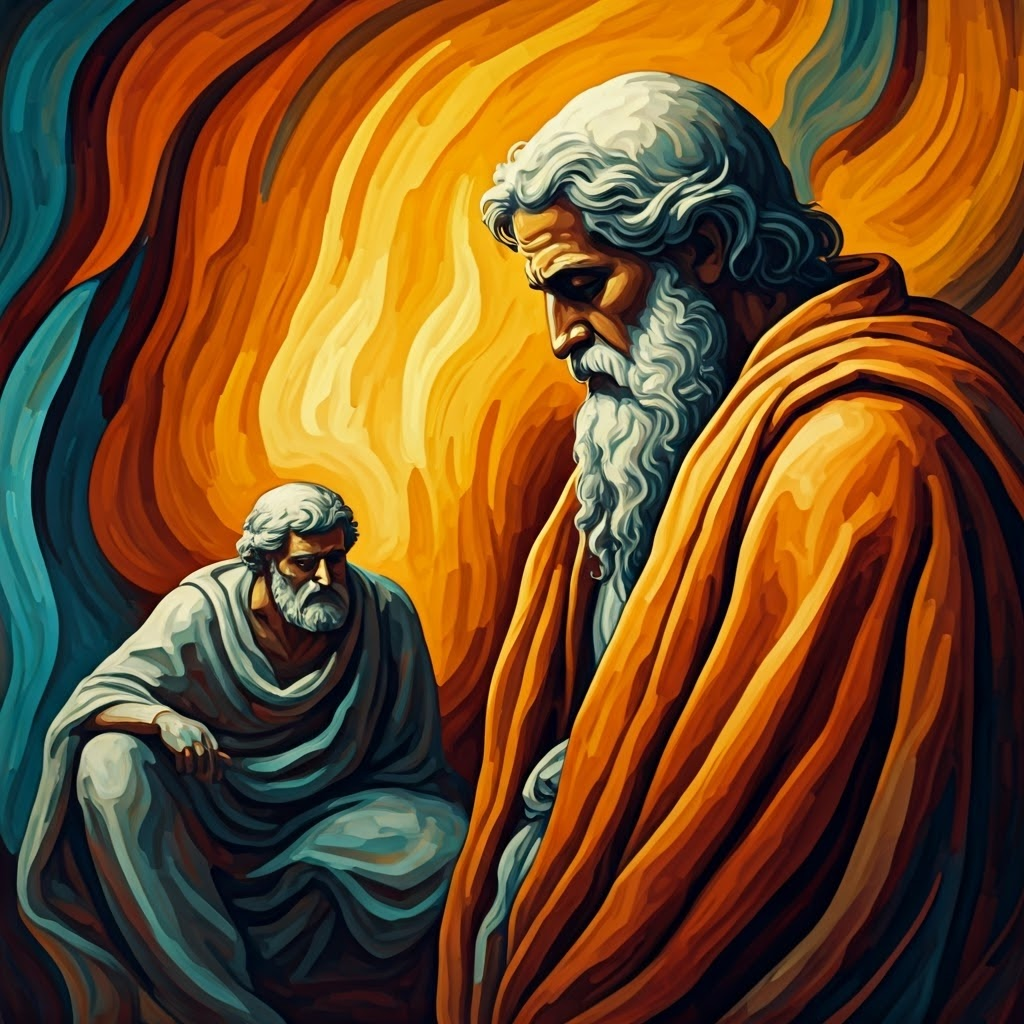 Modern abstract expressionist scene with vibrant colors and philosopher figures.