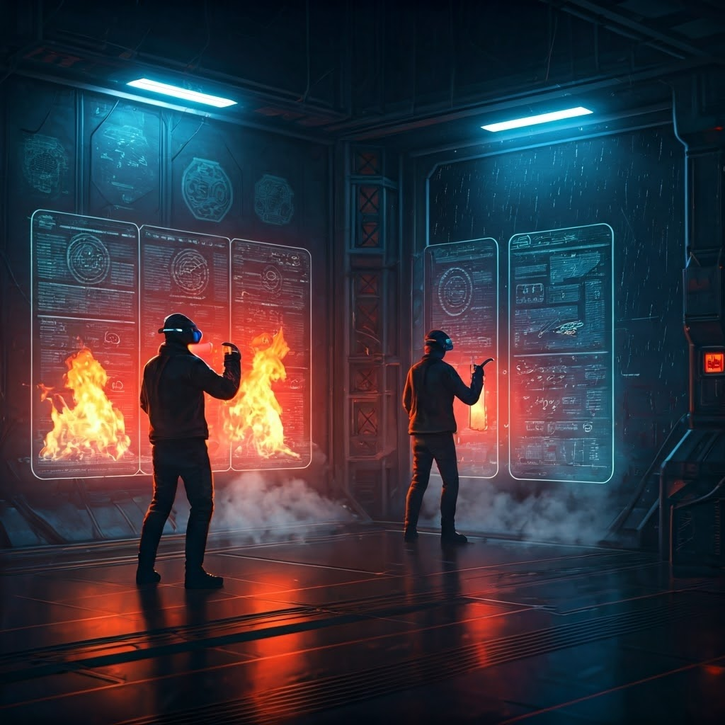 Workers in a futuristic training hall use VR headsets to battle virtual flames, illustrating modern safety practice