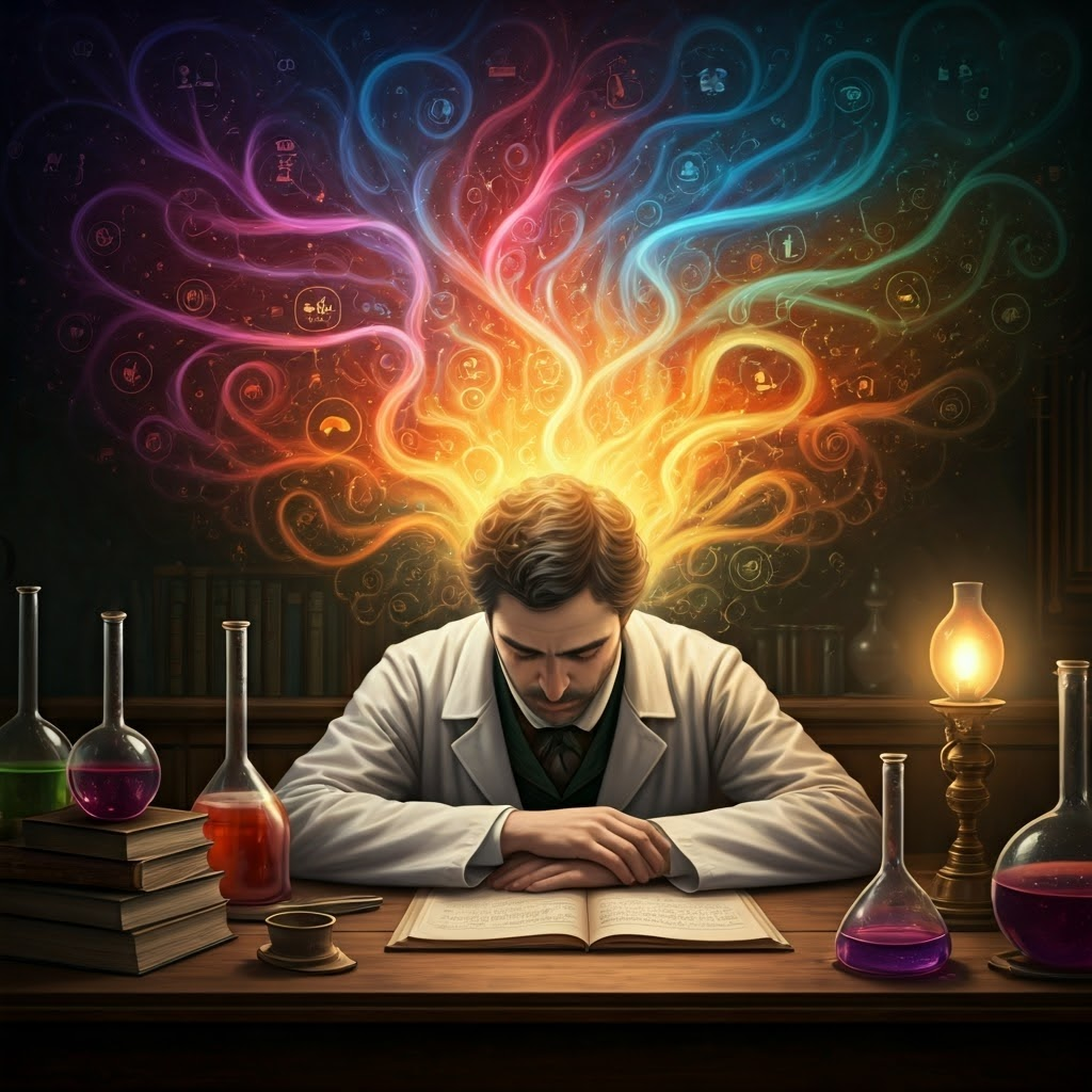 Sleeping chemist surrounded by swirling periodic symbols, illustrating dream-driven creativity