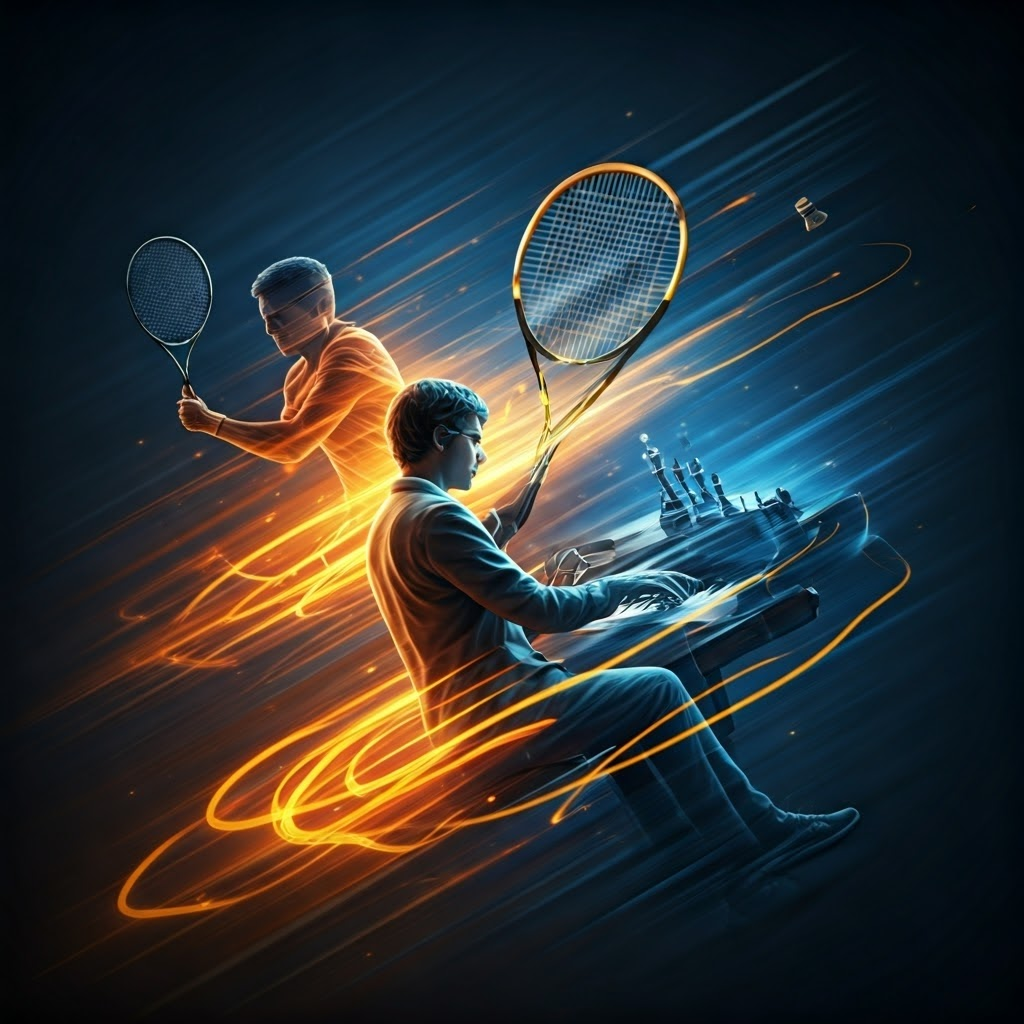 Athlete, pianist, and chess player overlaid with thick golden myelinated neural trails showing elite skill circuitry.