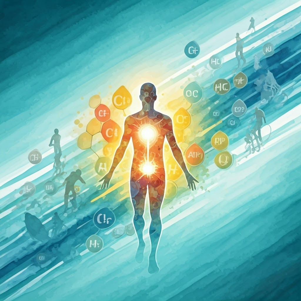 Watercolor of nutrients swirling into a glowing ATP core while cyclists and joggers move in the background.