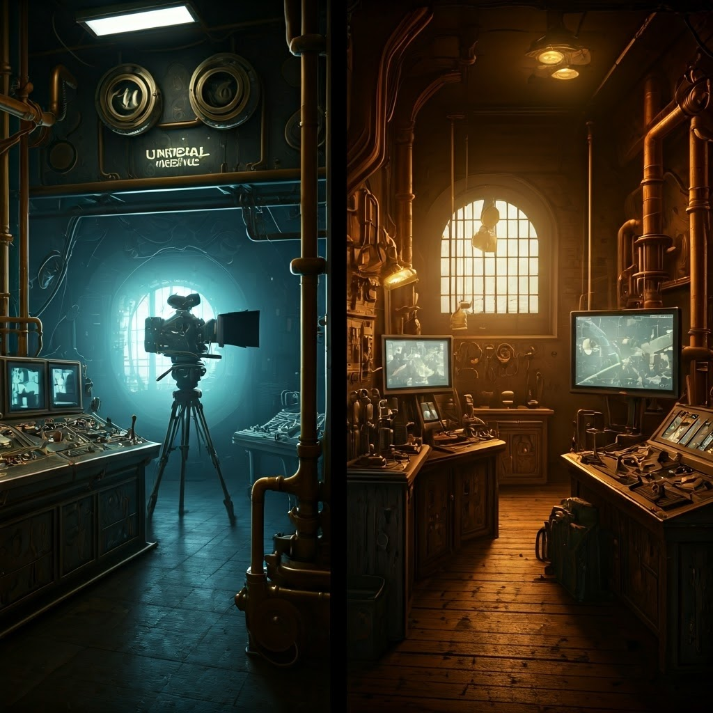 Steampunk twin control rooms labeled Unreal Engine and Godot, filled with gears and cameras