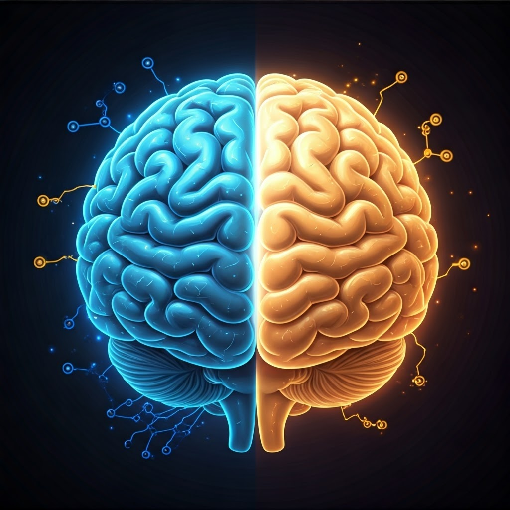 Split brain illustration: one side wired with neon circuits and dopamine icons, the other glowing softly with endorphin ribbons, showing the chemistry of focus