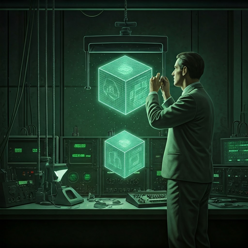 Ivan Sutherland adjusts a ceiling-mounted 1960s head-display as green wireframe cubes hover, marking the first steps from concept to hardware