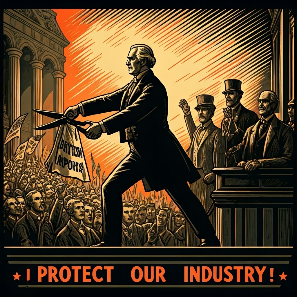Retro woodcut poster of a U.S. lawmaker cutting cloth labeled "British Imports" while crowds cheer.
