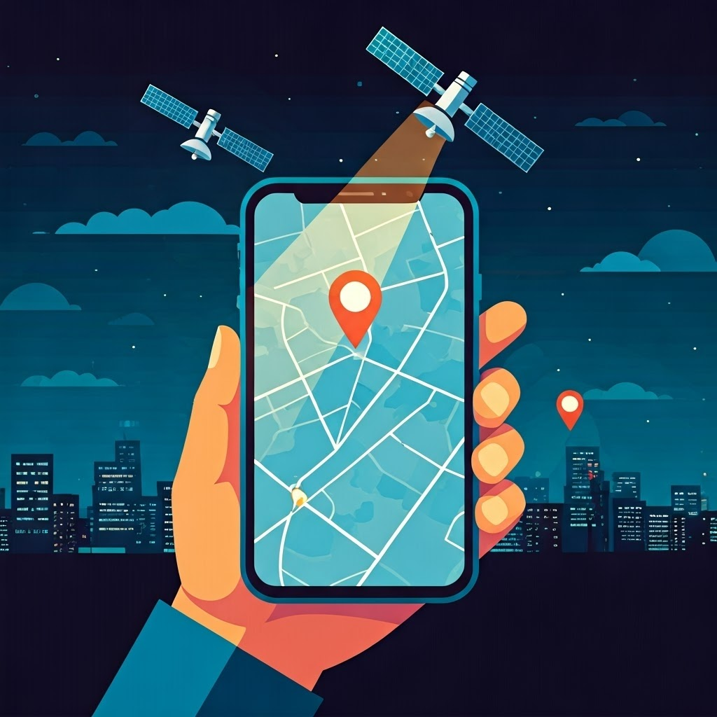 A hand holds a smartphone in front of a night skyline while bright beams link the screen to orbiting GPS satellites.