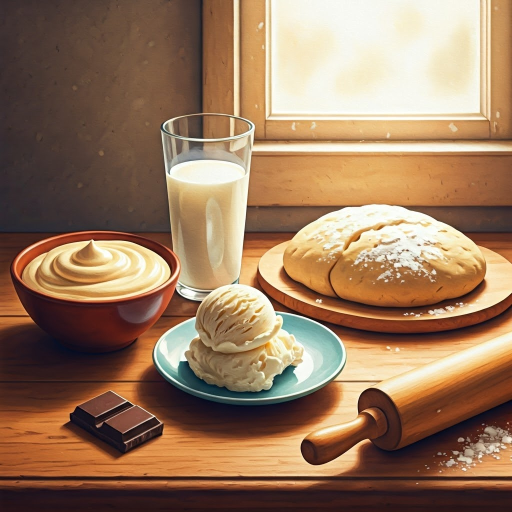 Rustic table with a bowl of mayonnaise, milk, ice cream scoop, chocolate bar, and bread dough under warm light.