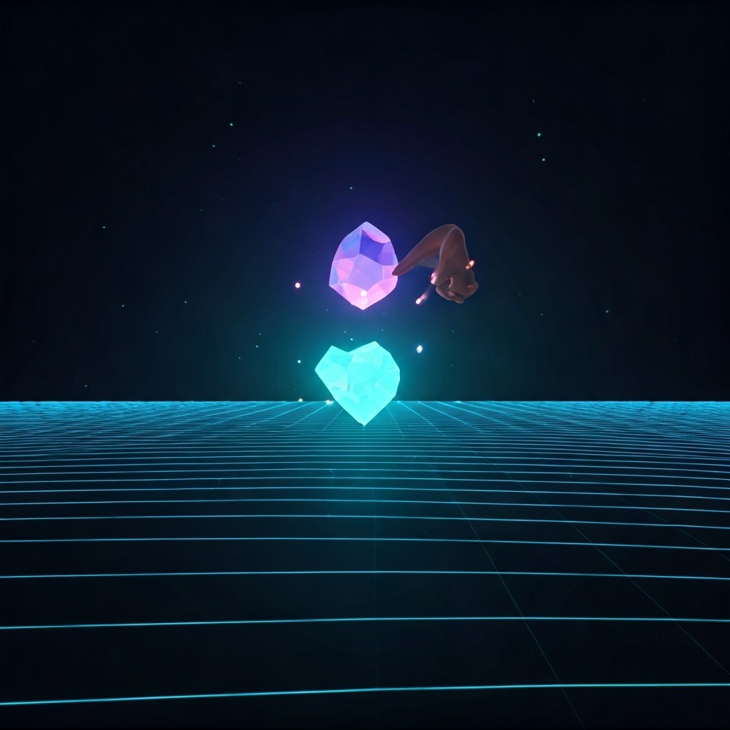 User pinches a floating crystal in a low-poly neon VR scene