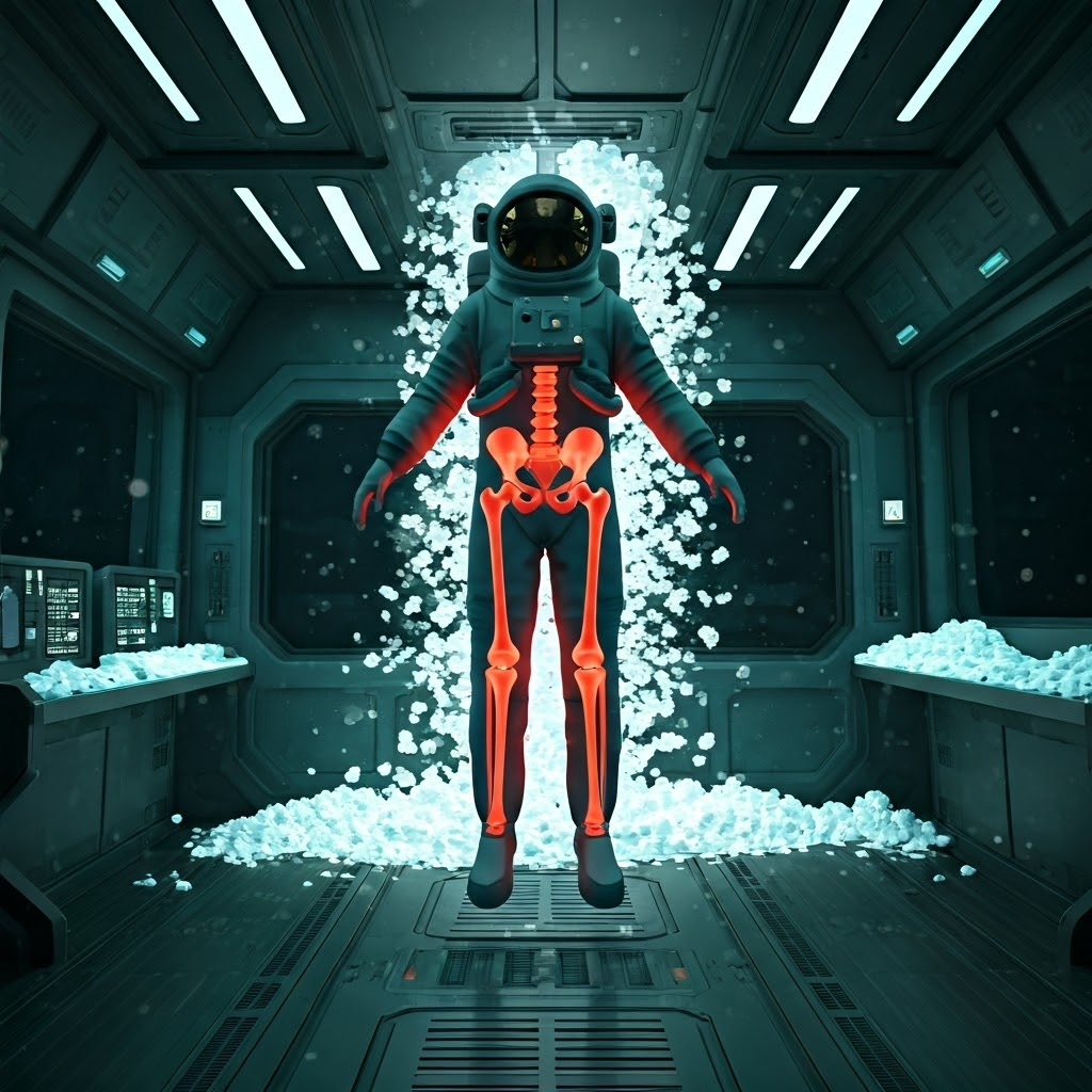 An astronaut floats while shimmering calcium crystals drift, X-ray overlay shows thinning leg and hip bones