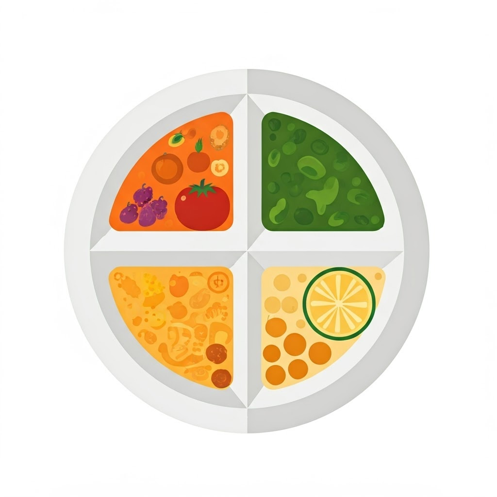 Infographic plate divided into fruits, vegetables, grains, protein, plus dairy circle