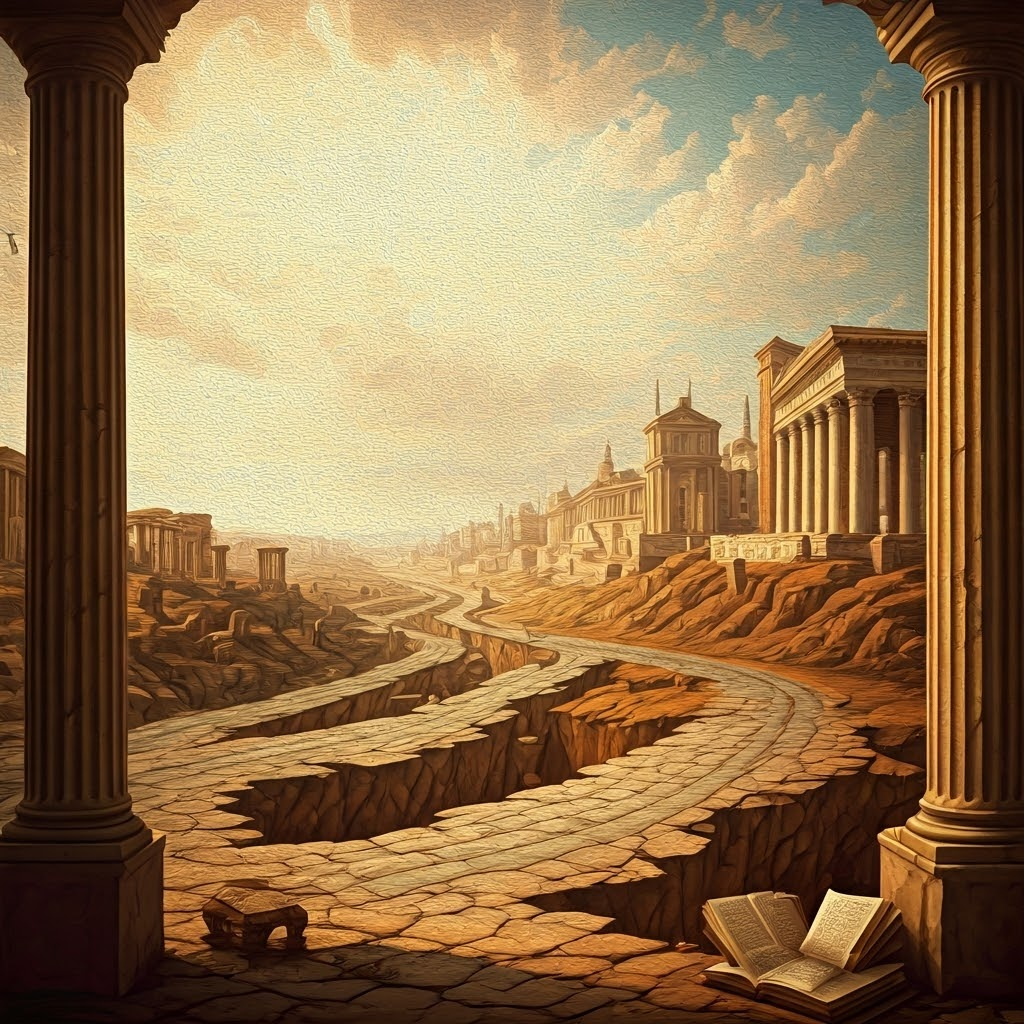 A fading Roman Empire and a scholar studying ancient scrolls. Painted with warm, soft hues, highlighting the weight of lost knowledge.