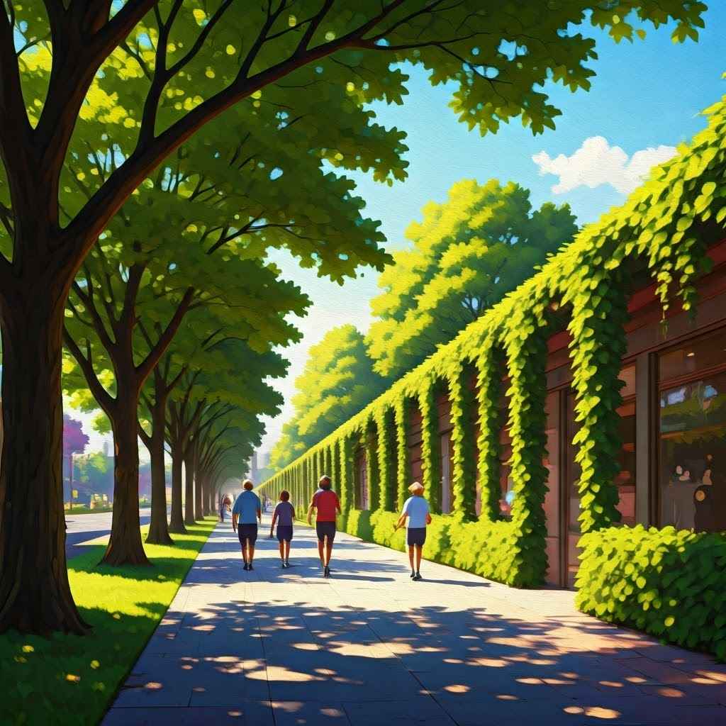 Tree-lined sidewalk with shaded canopy invites pedestrians into a cooler street environment.