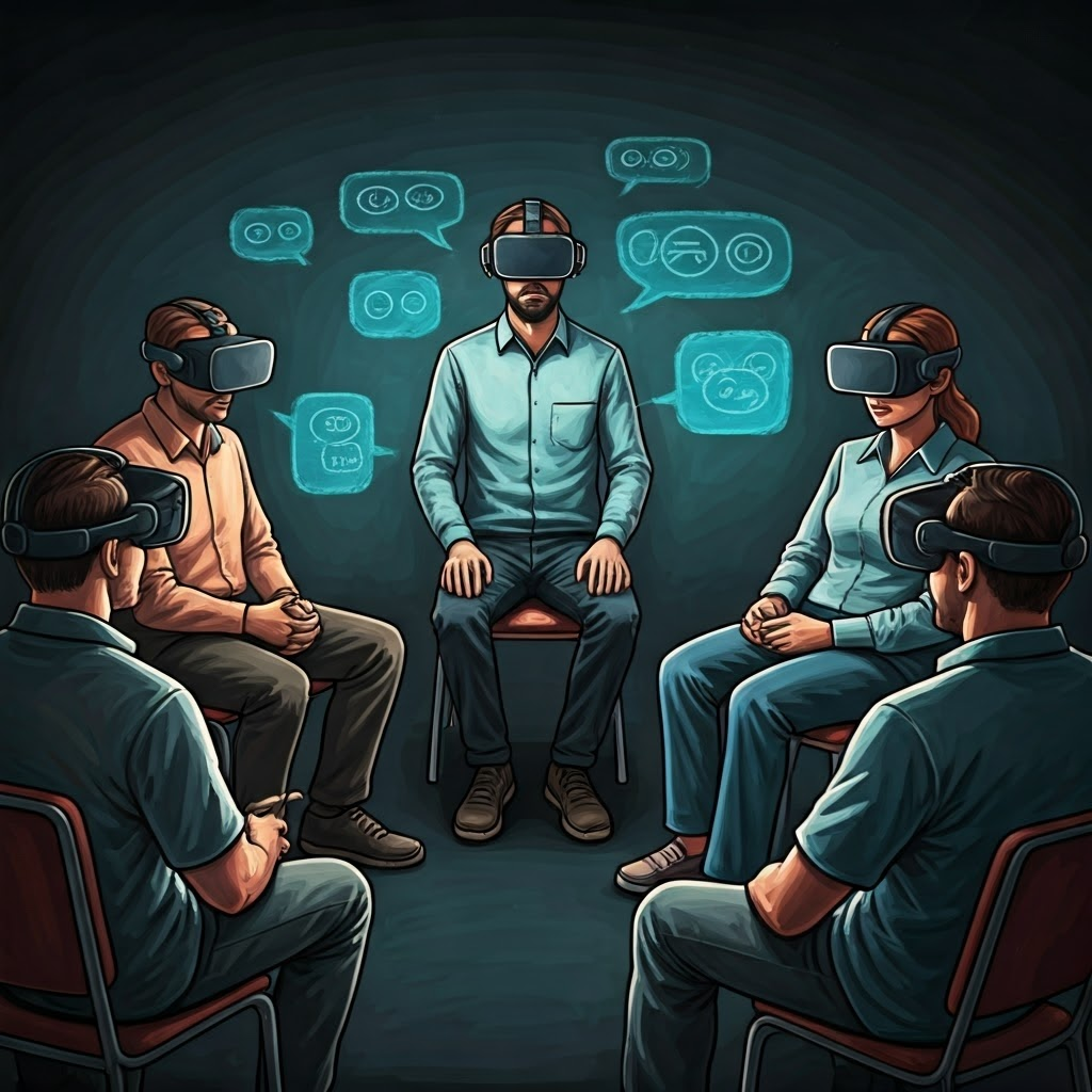 Pastel classroom where employees wearing VR headsets experience a meeting from another person’s viewpoint