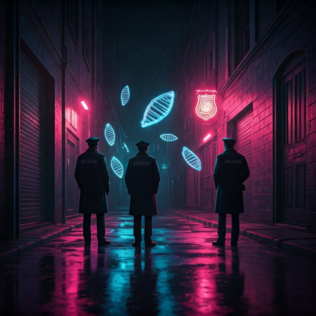 Officers scan floating DNA holograms in a neon alley, symbolizing law enforcement’s growing interest in genetic files.