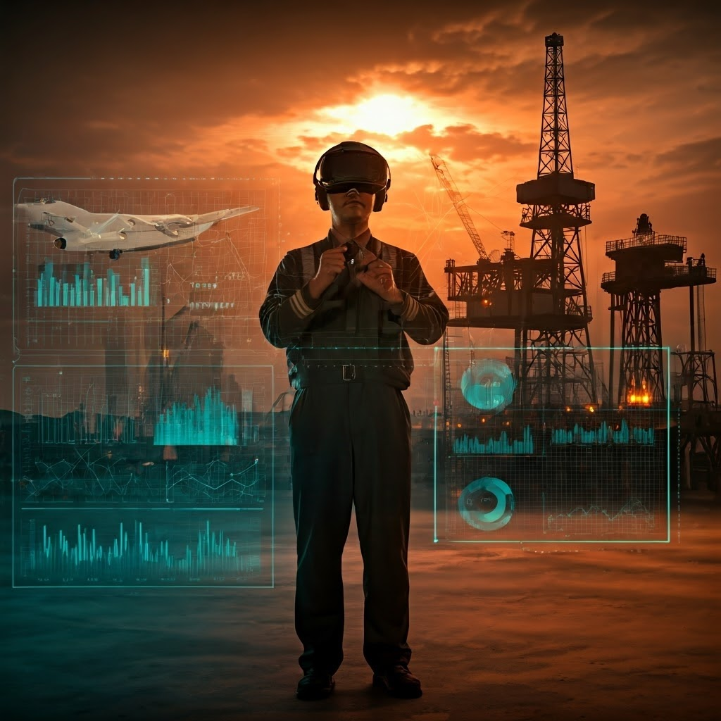 Collage of VR-equipped airline crews and oil rig teams rehearsing emergencies, performance scores floating beside them