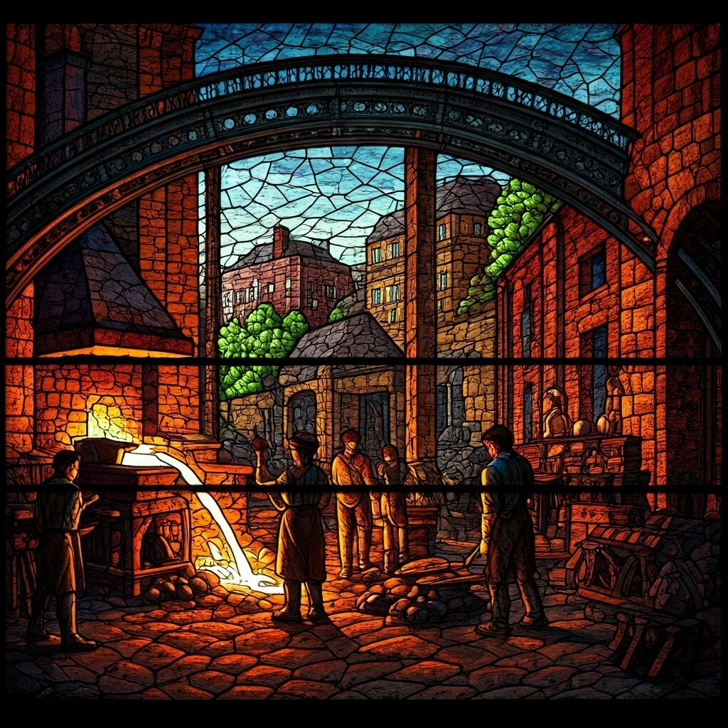 Stained-glass style scene of 18th-century workers pouring molten iron with the iconic Iron Bridge arching behind them, celebrating industrial progress.