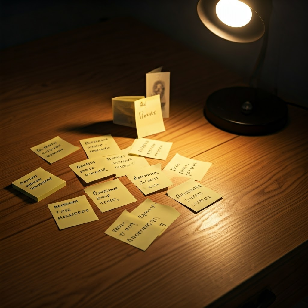 Colorful sticky notes list prompt tips—Be specific, Mention styles, Try modifiers, Use references—beside tiny art samples on a cozy desk.