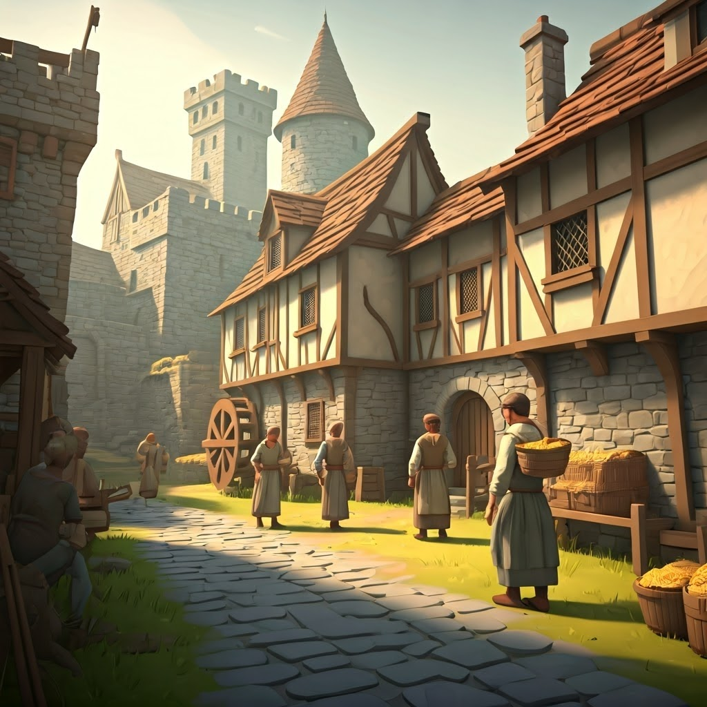 A busy manor courtyard with villagers, a turning mill wheel, and a timbered hall shows the manor as a self-contained economy.