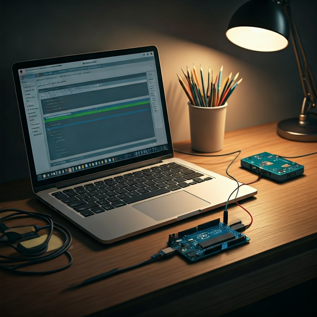 A laptop shows the Arduino IDE beside an Arduino Uno connected by USB, illustrating a basic development setup.
