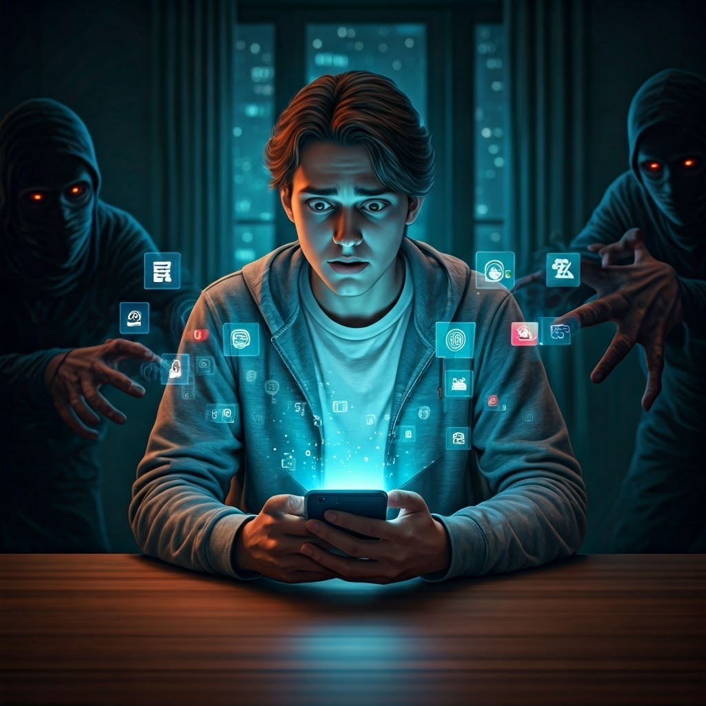 A worried user sits at a desk as holographic app icons swirl from their glowing phone, hinting at personal data exposure while two shadowy figures reach for the device.