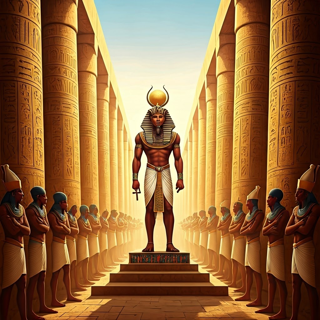Pharaoh under a radiant sun disk addresses subjects, linking royal authority to divine power