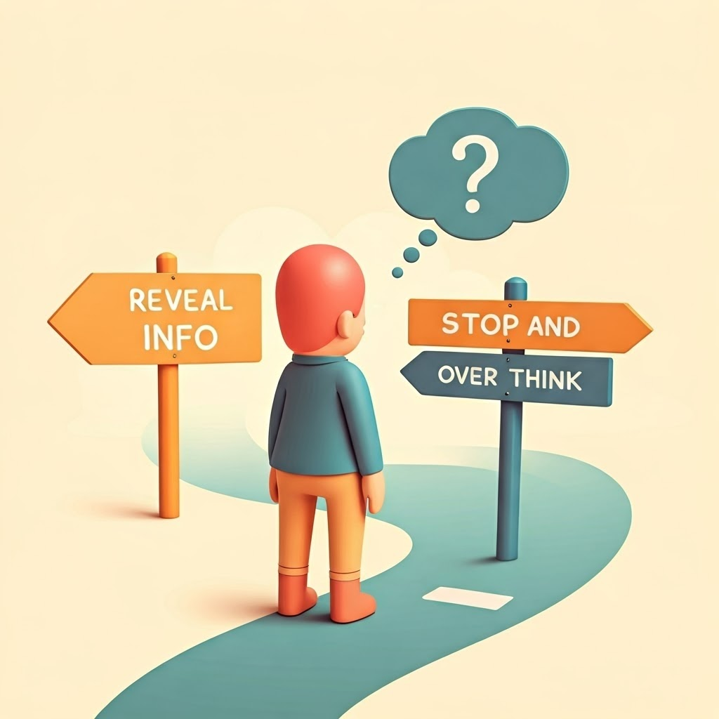A pastel cartoon shows a fork in the road—'Reveal info' or 'Stop and think'—urging a quick pause before sharing data.
