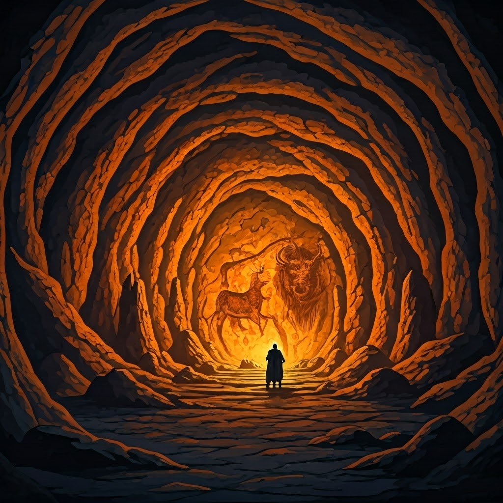 Torchlight reveals painted bison, horses, and stags racing across a vast limestone wall