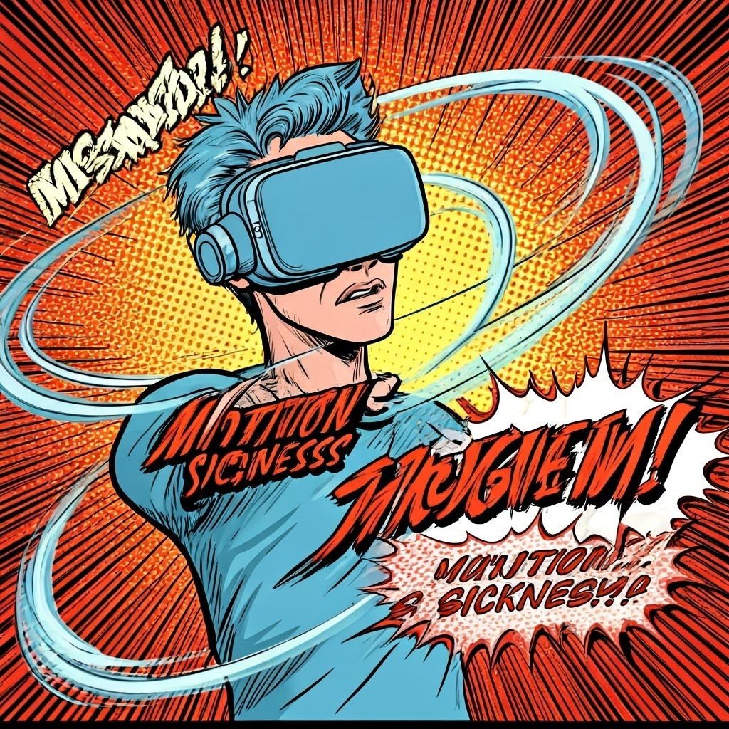 Comic panel shows spinning user feeling motion sickness.