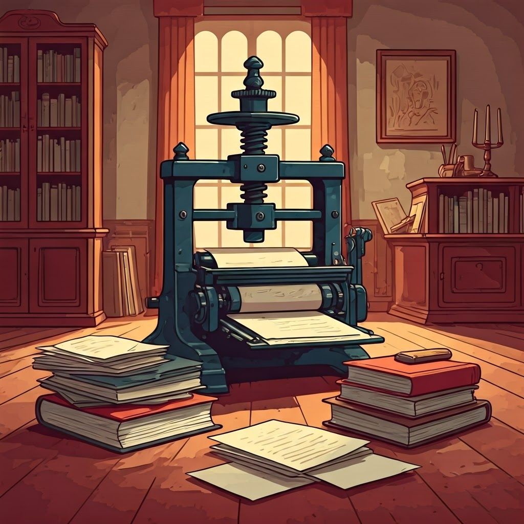 An antique printing press scene symbolizing the spread of reading, knowledge, and new ideas