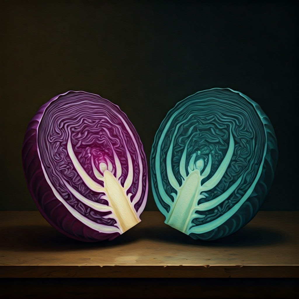 Oil painting of red cabbage halves shifting from magenta in vinegar to teal in baking soda, visualizing pH effects