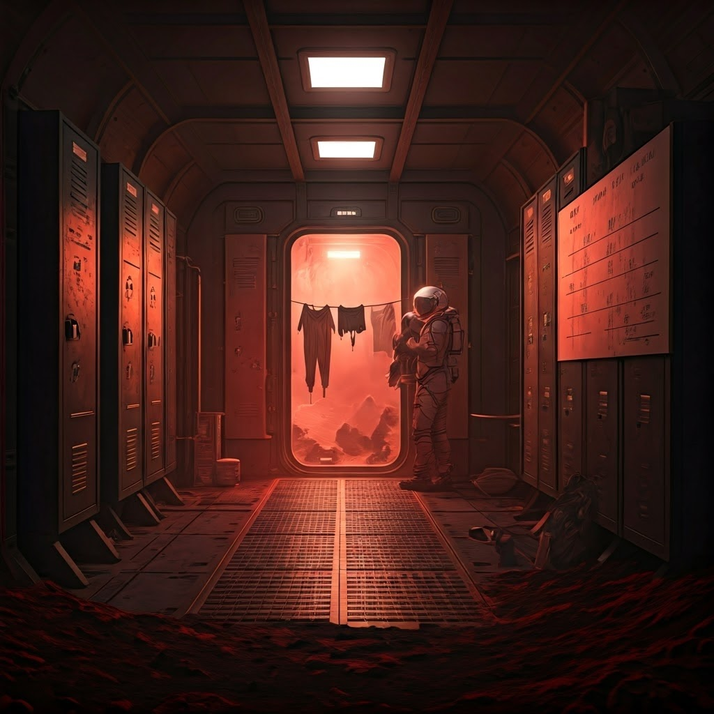 Inside a small living pod, a crew member hangs laundry while ration charts and red dust line the walls.