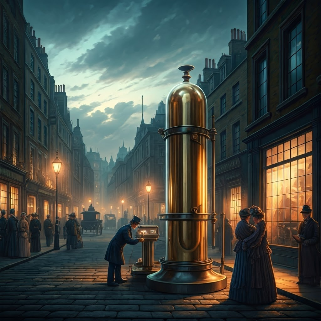 Victorian London street at dusk where an operator loads a pneumatic tube capsule, representing early tube transport innovation.