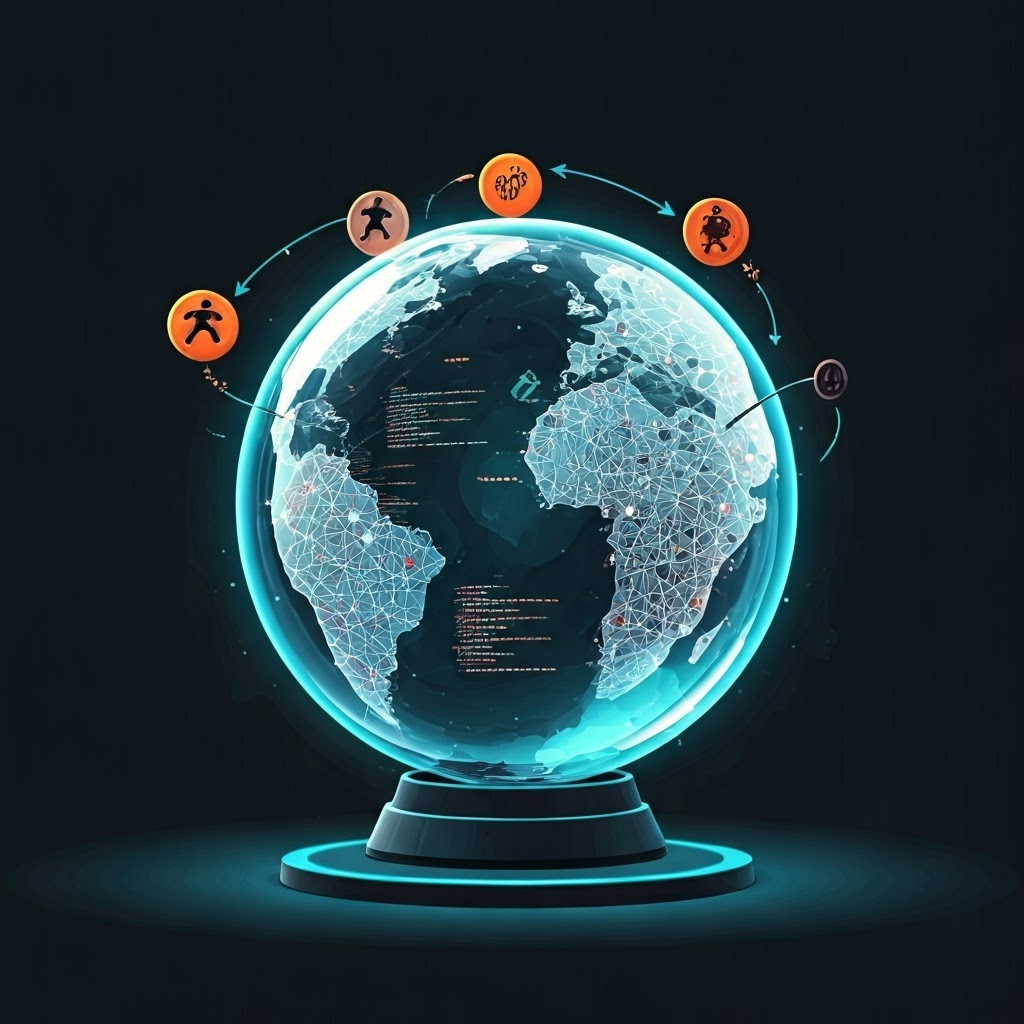 Crystal ball splitting into code and neural patterns, mapping if-then decisions