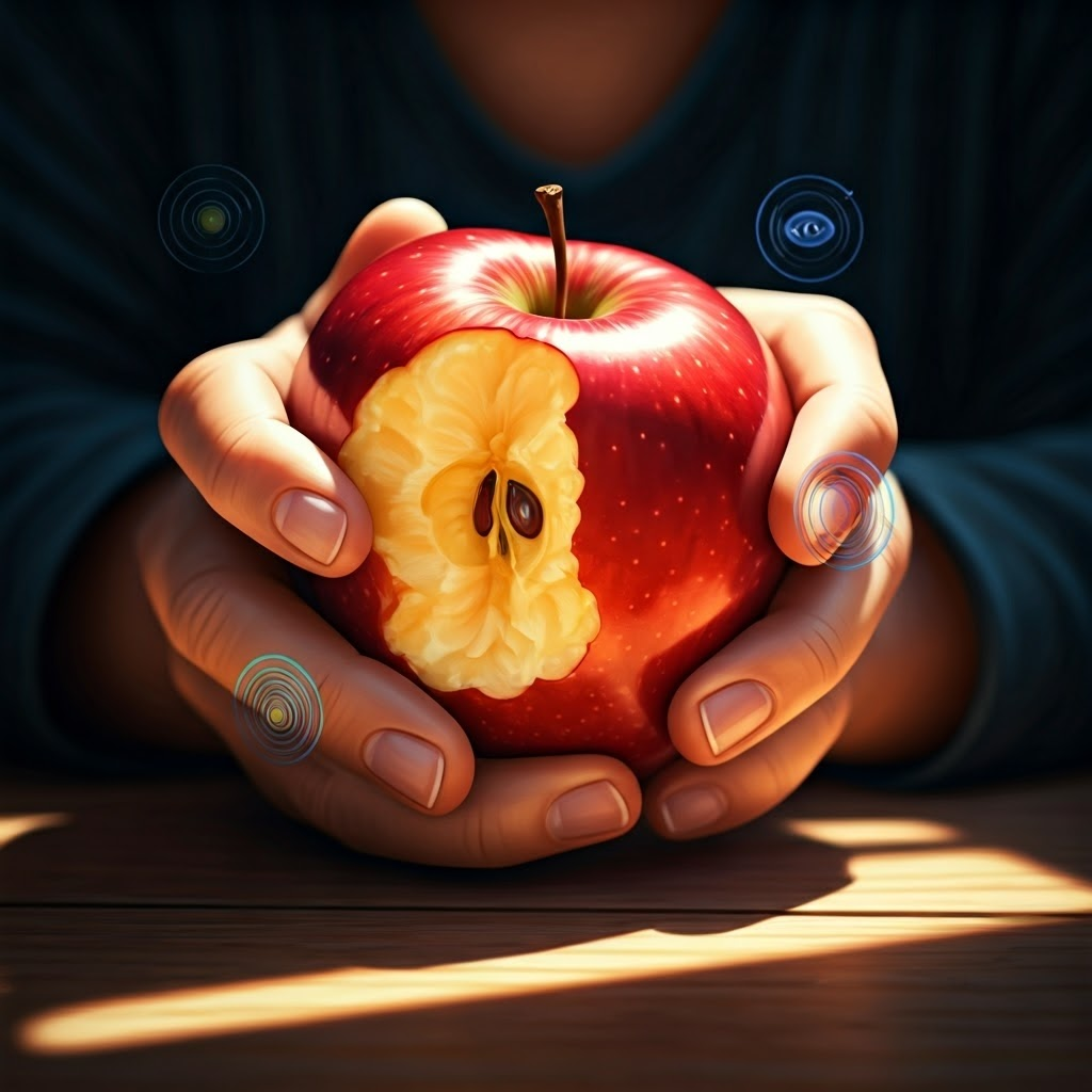 Hand biting into a red apple surrounded by colorful sensory symbols for taste, sound, and sight