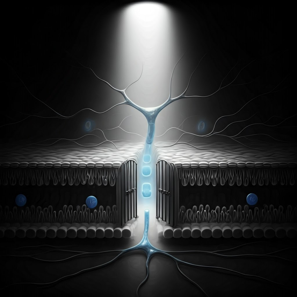 Inside a neuron membrane, sodium and potassium ions stand ready at gated channels