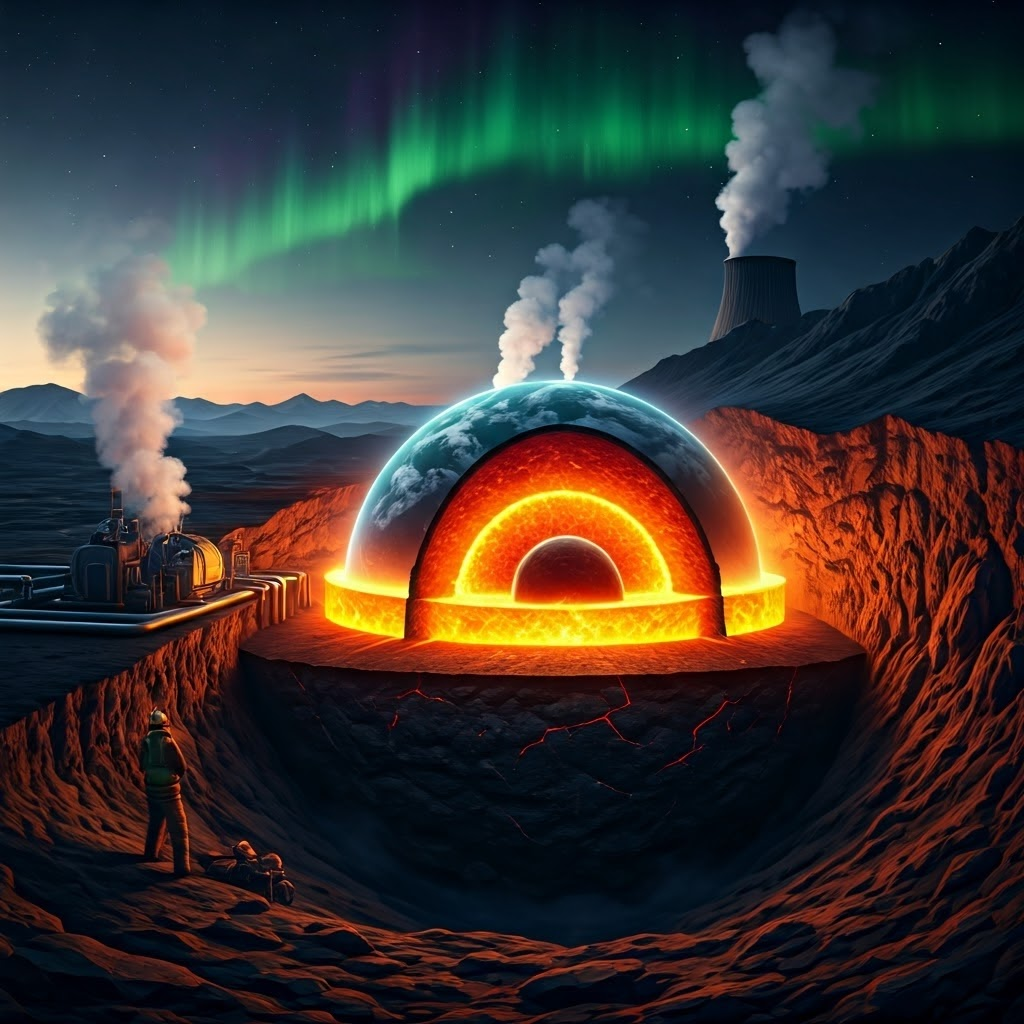 Bright 3-D cutaway of Earth from crust to core, showing intense inner heat rising toward a modern geothermal plant where engineers monitor spinning turbines.