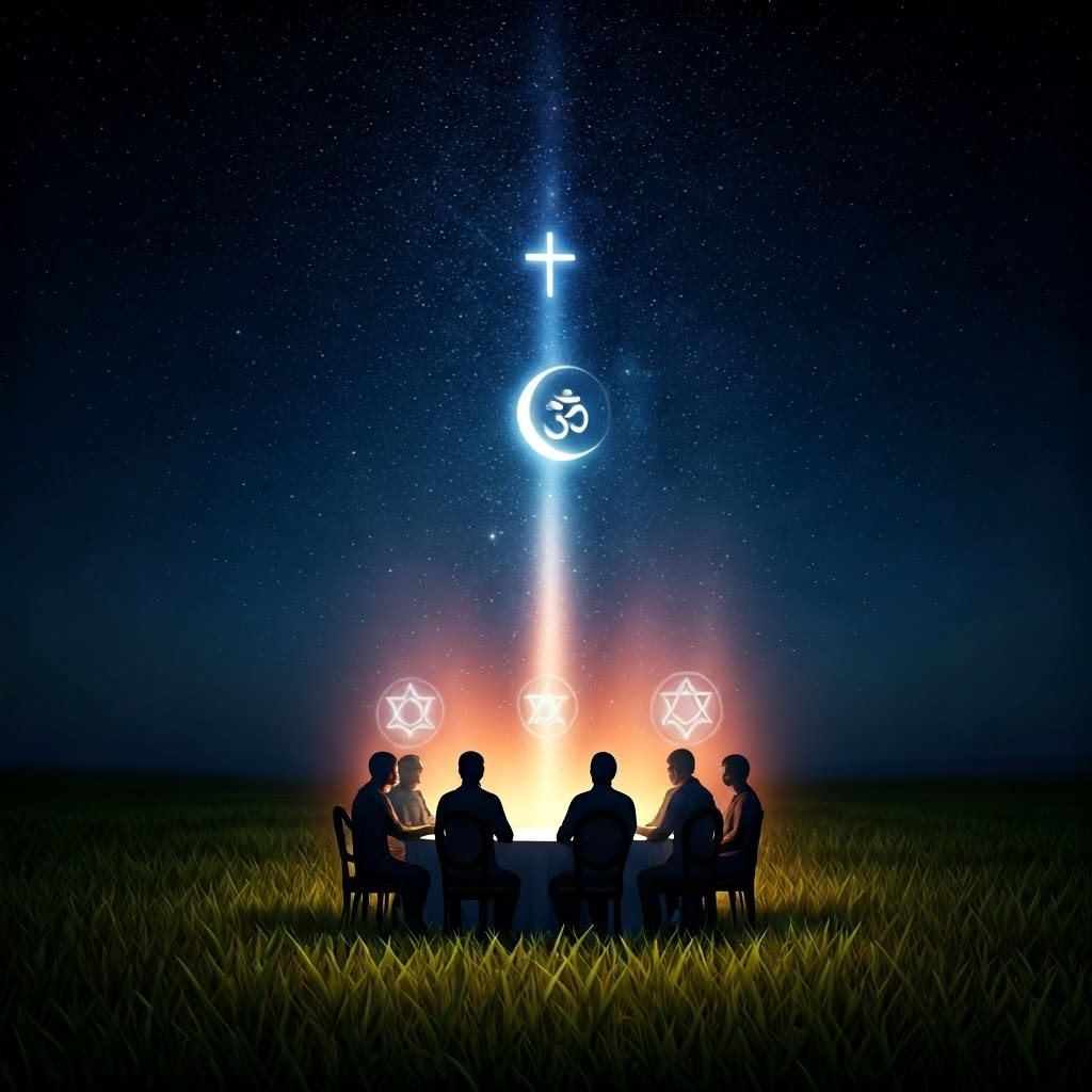 Dreamlike scene of diverse people seated under stars around a glowing table marked by faith symbols, representing shared ethical ground.