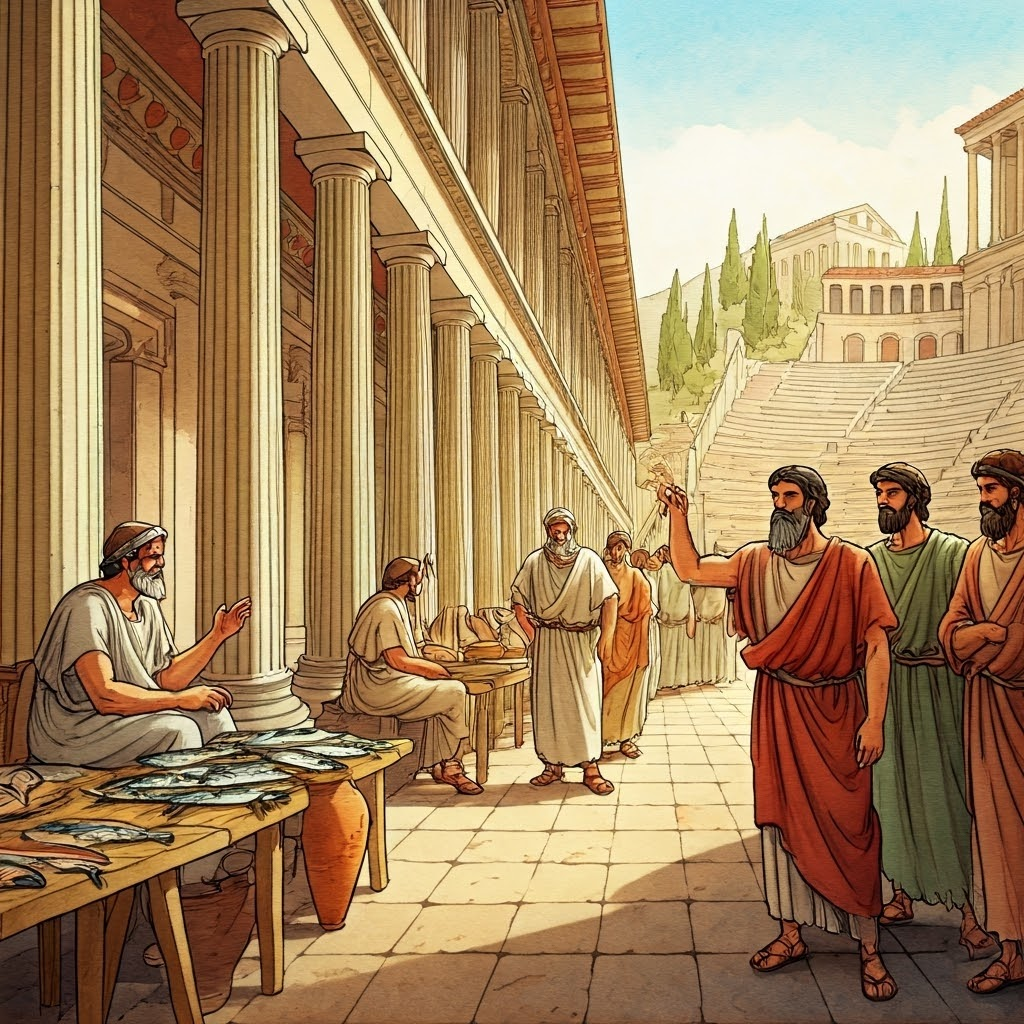 Busy ancient Greek agora with columned stoas. Merchants sell fish and pottery while citizens debate under warm sunlight; a hillside theater appears beyond.