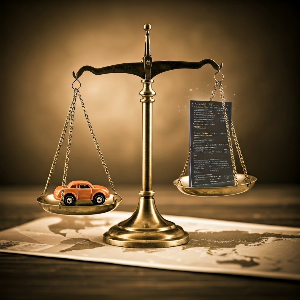 Antique scales balancing a toy car and glowing code, reflecting shared blame