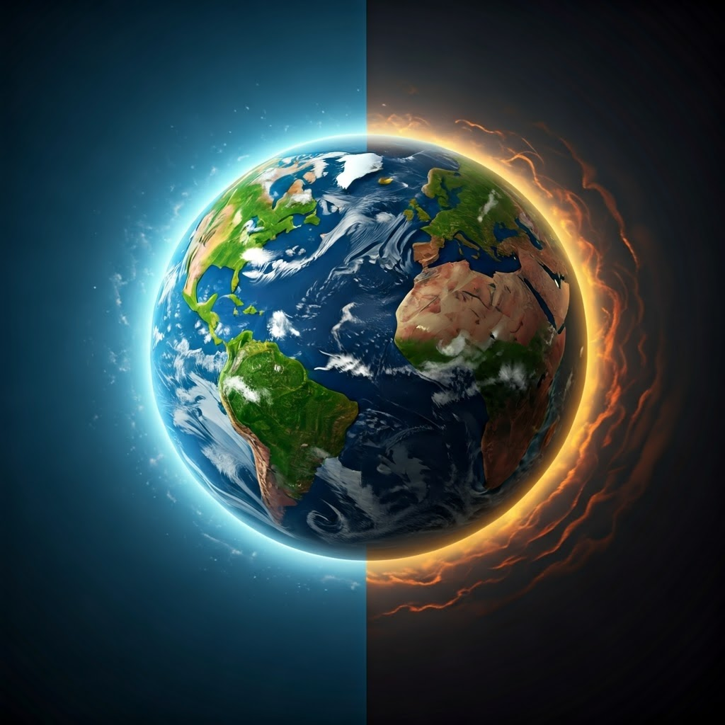 Earth half green and half smoky, symbolizing climate impact