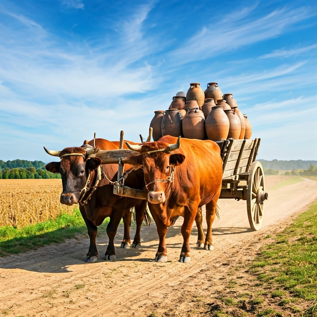 Pair of oxen hauling a timber cart loaded with jars across a dusty track, demonstrating the wheel’s power multiplier.