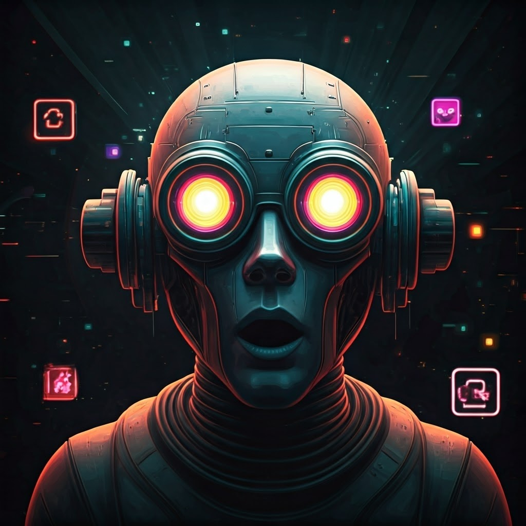 Glitch art robot head shifts colored lights toward a surprised human, representing visual signal confusion