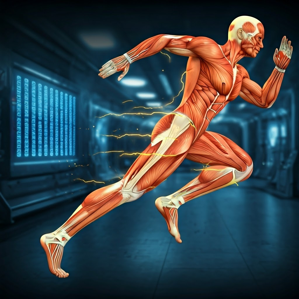 Illustration of leg muscles glowing like neon circuits to highlight ATP as the body’s energy source inside a futuristic lab.