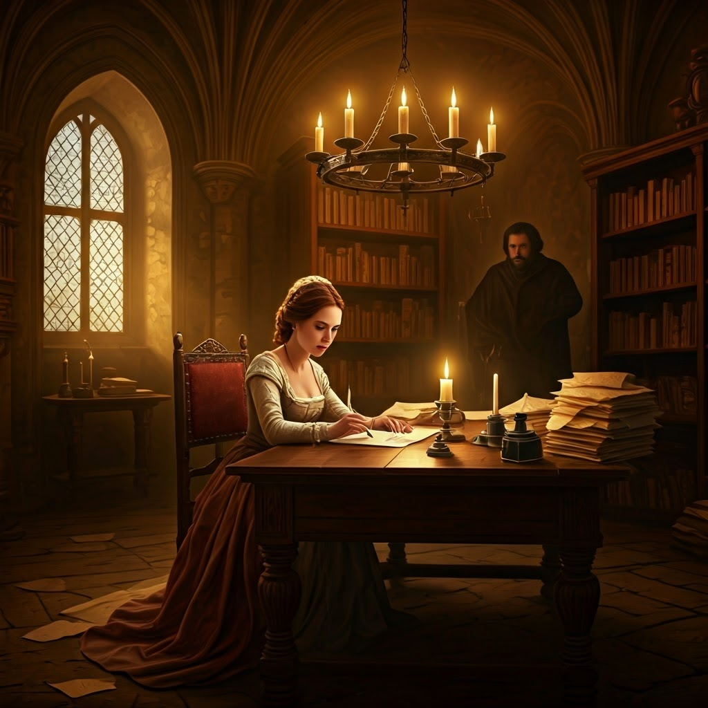 Renaissance woman writes a candid letter beside an open manuscript, echoing Cicero’s conversational style.