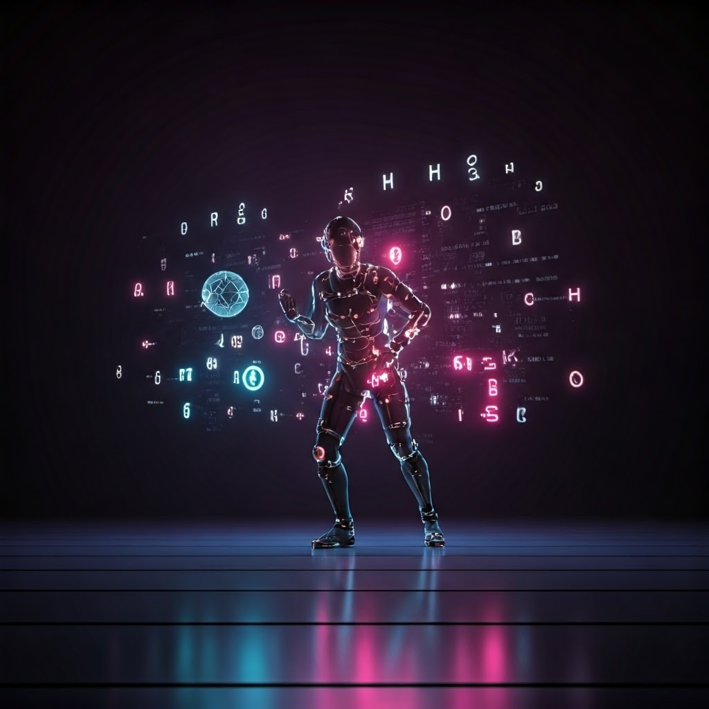 User in motion-capture suit moves as holographic symbols shift around, linking gestures with ideas.