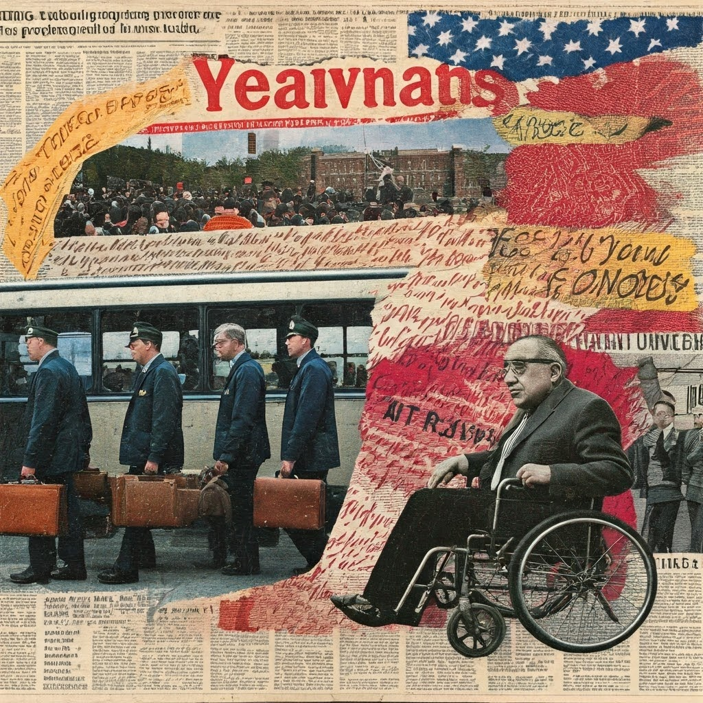 Layered collage of veterans, Ed Roberts at Berkeley, and bold protest slogans signals the rise of disability activism.